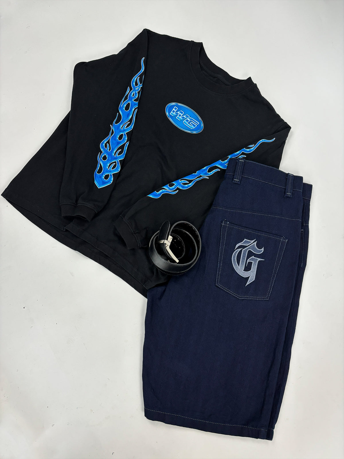 BLUE FLAMES BLACK LONGSLEVE T-SHIRT