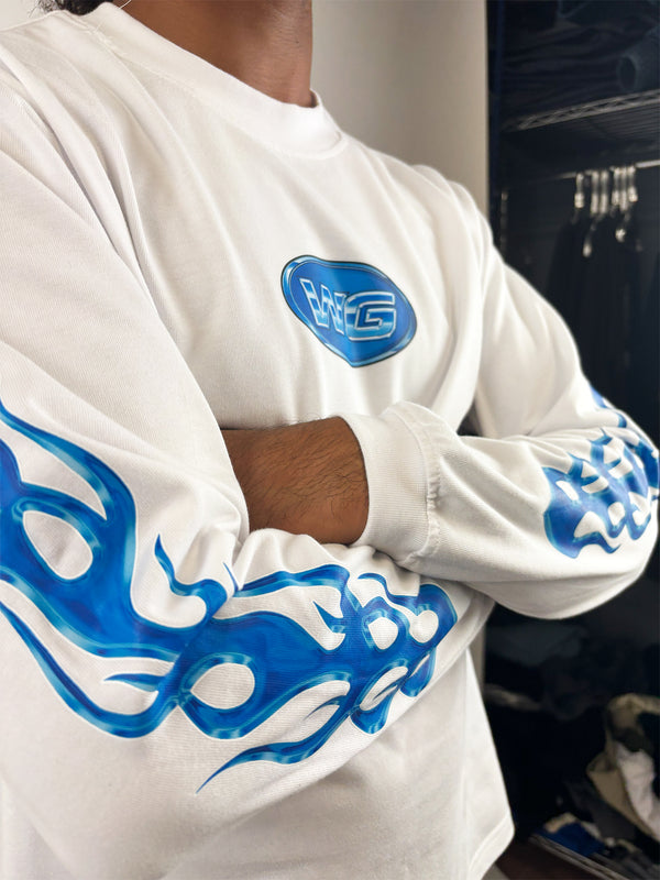 BLUE FLAMES WHITE LONGSLEVE T-SHIRT