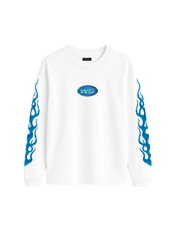 BLUE FLAMES WHITE LONGSLEVE T-SHIRT