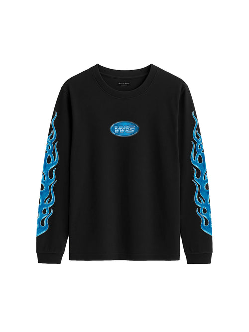 BLUE FLAMES BLACK LONGSLEVE T-SHIRT