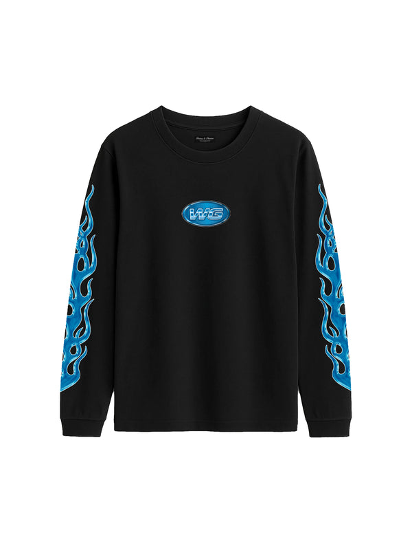 BLUE FLAMES BLACK LONGSLEVE T-SHIRT
