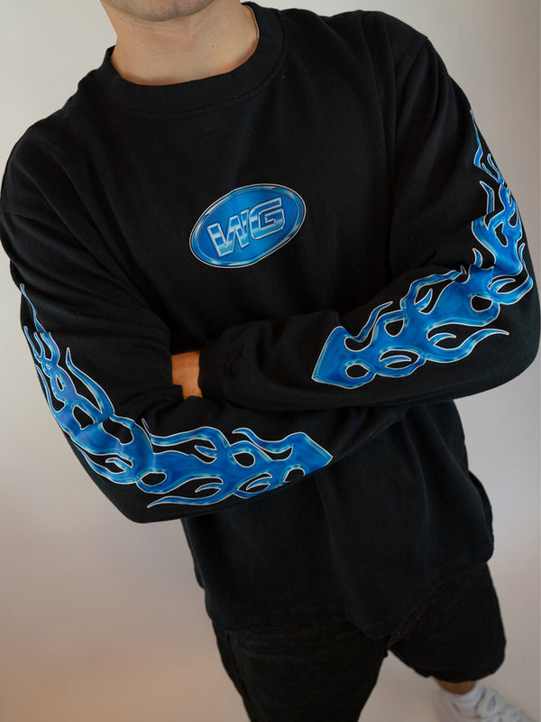 BLUE FLAMES BLACK LONGSLEVE T-SHIRT